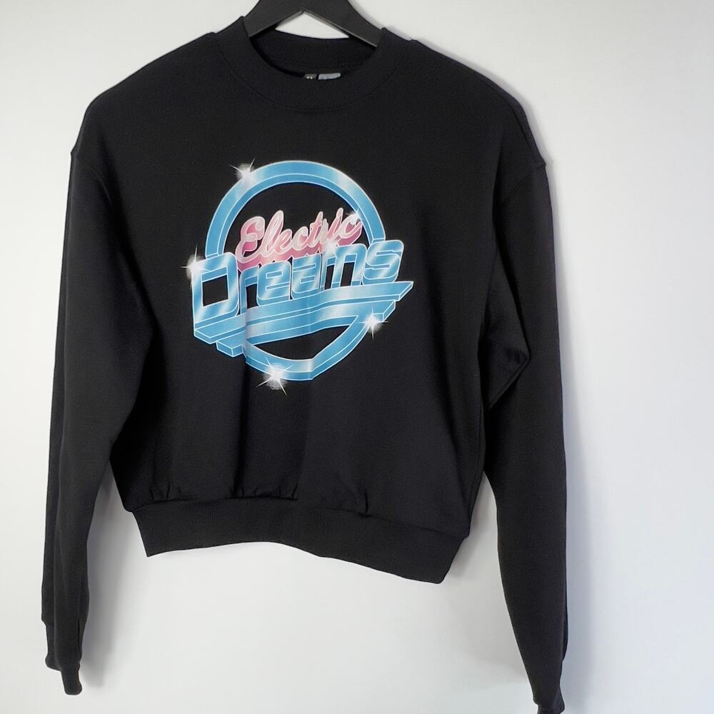 HM Divided‎ Electric Dreams Graphic Sweatshirt Black Cropped Pullover XS